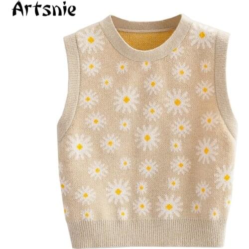 Artsnie Floral Print Sweater Vest Women Autumn 2021 V Neck Sleeveless Pull Femme Streetwear Vintage Ladies Crop Sweater Vest