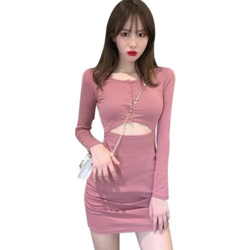 Women Solid Color Mini Dress Solid Color Autumn Long Sleeve Bodycon Waist Line Pleated Casual Vestidos