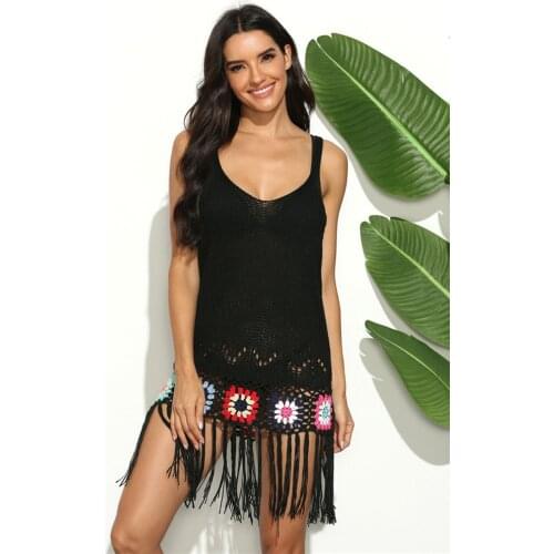2021 Women Fashion Mixed Color Hand Crochet Flower Stitching Tassel Sling Woven Dress Swimsuit Cover-Ups Beach Dress Beachwear