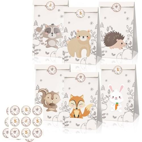 12pcs Cartoon Jungle Animals Fox Bear Rabbit Theme Party Paper Bags Candy Box Gift Bags with Stickers Baby Shower Decorations