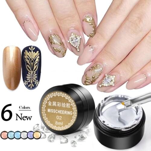 8ML Pulling Wire Painting UV Gel Nail Polish 3D Emboss Nail Art Line Silk Point 6 Coloured Metallic Varnish Mirror Drawing Gel