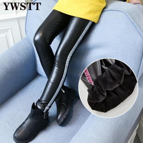 Girls Plus Velvet Leather Pants 2020 Big Kids Winter Leggings Childrens PU Warm Bright Color Leather Trousers
