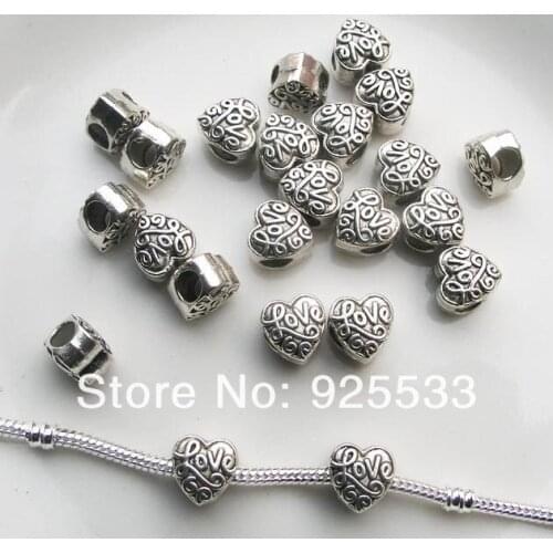 Free shipping 50pcs/lot big hole antique silver plated metal heart shape love beads fit European bracelet jewelry DIY