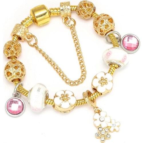 Boosbiy Gold Color Cherry Blossoms Pendants Charm Bracelets Luxury Brand Bracelet For Women Handmade Jewelry Gift