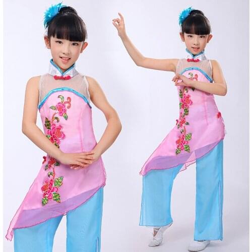 Childrens Chinese Folk Costume Girls Yangko Dance Dress Kids Modern Dance Costume Kids Fan Umbrella Dancing Dress 18