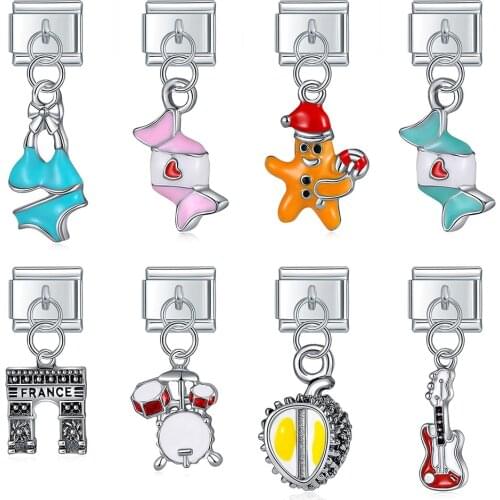 Hapiship Fashion Bikini Drums Candy Durian Guitar Italian Links Charm Fit 9mm Stainless Steel Bracelet Jewelry DIY Making DJ099