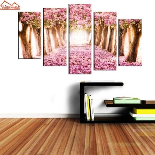 ShineHome-5 Panel Sakura Flower Prints on Canvas Oil Printing Painting Wall Living Room Background Natural Home Decor Walls Art