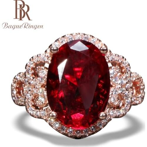 Bague Ringen Classic 925 Sterling Silver Rings For Women With Oval Shape Ruby Gemstones Rose Gold Color Charm Lady Jewelry Gift