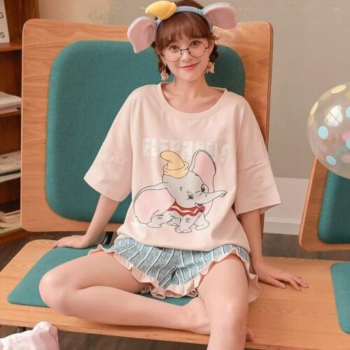 Summer Cute Dumbo Print Pajamas Set Women Cute Cartoon Casual Homewear Lapel Short Sleeve Shirt+Shorts Sleepwear Nightsuit
