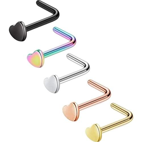 L Shape Heart Nose Rings Piercing Nose Studs 20G Stainless Steel Surgical Stainless Black/Rose Gold/Silver Color Drop Ship