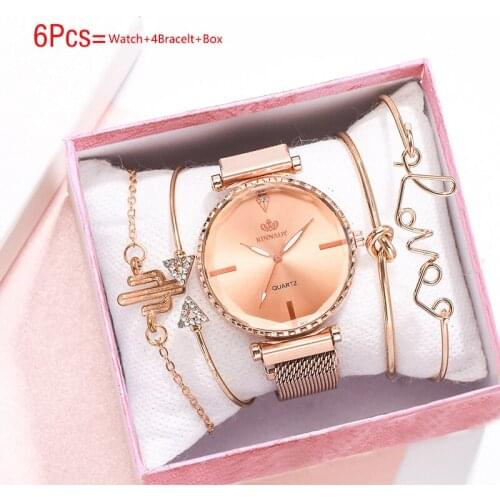 Hot Sale Ladies Quartz Watch 6Pcs Bangle Watches For Women Watches Fashion Women Bracelet Set Female Diamond Clock With Box