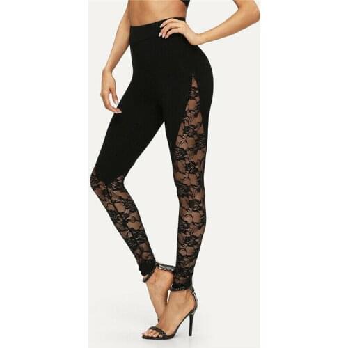 Fashion Women High waist Sexy Bandage Leggings Elegant Ladies Floral Lace Side Panel Cut Out Black Pants Streetwear Plus Size