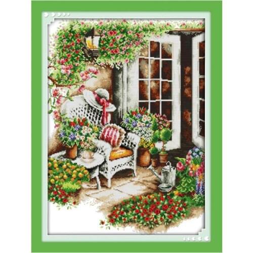 Cross-Stitch Kit 11CT 14CT Print Embroidered Fabric Front Cozy Garden Flower Blossom Beautiful Landscape Decoration
