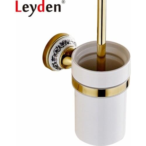 Leyden Bathroom Wall Mounted Golden Finish Brass Toilet Brush Holder With Creamic Cup Durable Bathroom Hardware Accessories