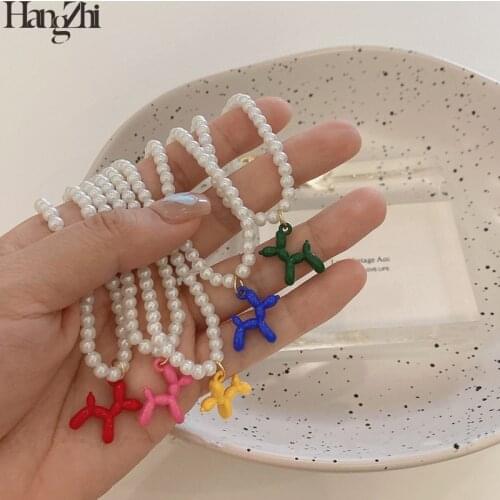 HangZhi 2021 New Cute Puppy Colorful Glazed Cartoon Little Dog Pendant Pearl Necklace for Women Girls Birthday Jewelry Gifts