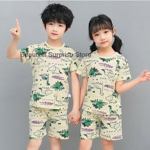 New O-Neck Boys Cotton Pajamas Set Cartoon Cosy Round for Child Kids Short Sleeve Pyjamas Girls Boys Sleepwear Pajama Set