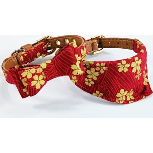 Red Cherry blossoms Japanese style dog collar bow tie pet pupply product dog & cat collar towel leash set necklace S
