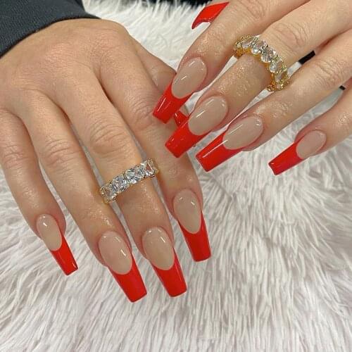 24pcs Red Nail Patch Glue Type Removable Long Paragraph Fashion Manicure Save Time False Nail Patch DL