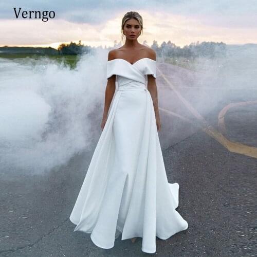 Verngo Simple Soft Satin Mermaid Wedding Dress With Detachable Train Off the Shoulder Short Sleeves Floor Length Formal Gowns