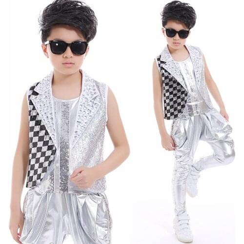 Hip Hop Dance Costume Boys Jazz Silver Sequin Outfit Vest Jacket Pants Kids Dancing Performance Child Modern Clothes DNV10049