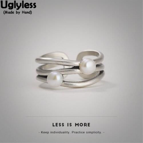 Uglyless 100% Real Solid 925 Sterling Silver Asymmetric Design Hollow Finger Rings for Women Natural Pearls Open Ring Stripes