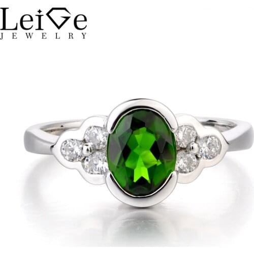 Leige Jewelry Genuine Natural Chrome Diopside Ring Diopside Silver Ring Wedding Ring Oval Cut Green Gemstone 925 Sterling Silver