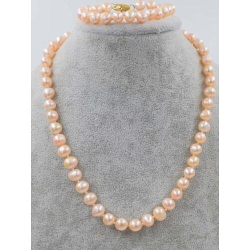 Wow! one set freshwater pearl near round pink 8-9mm necklace bracelet 17" 7.5" nature FPPJ wholesale beads