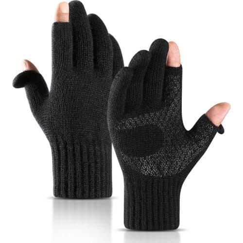 Knitted Gloves for Men and Women Fall and Winter Windproof and Velvet Thickened Non-slip Warmth Fingerless Fishing Riding Gloves