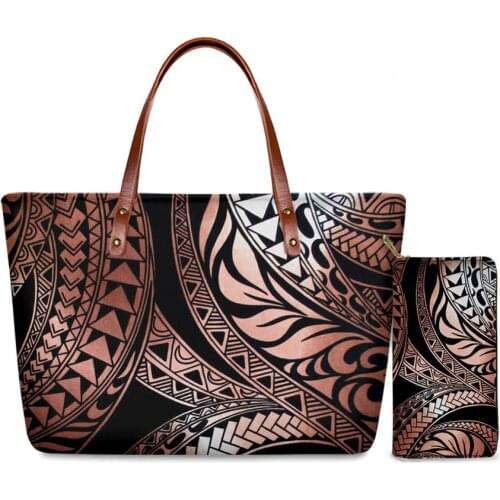 HYCOOL Polynesian Tribal Print Casual Tote Handbag Women Luxury Hand Bag Ladies PU Leather Purse Wallet Set 2 Pcs Customize