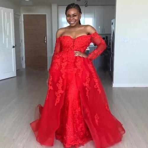 Red Lace wedding Dress Long Sleeves 2021 Off Shoulder Overskirt African Women bridal Dresses wedding Gown Vestidos De Novia