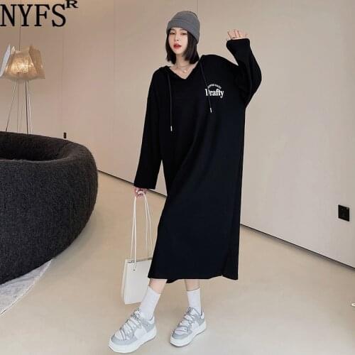 NYFS 2021 Korean New Autumn Winter Loose Hooded V-neck Woman Dress Vestidos Robe femme Elbise Fashion Letter Print Dress