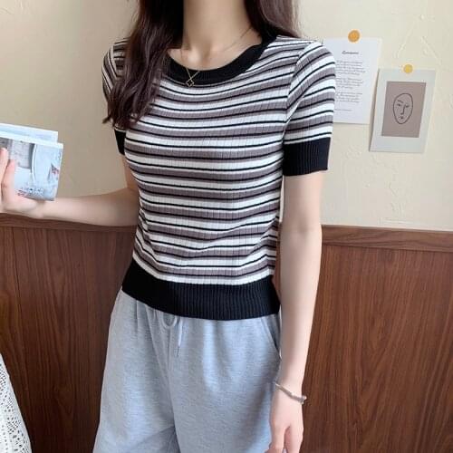 2021 Summer Women O-neck Knitted Short Sleeve T-shirts Girls Knitting Large Elastic Striped Thin Simple Tshirt Tees Tops