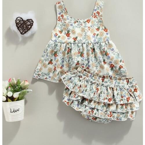 2021 0-24M Newborn Baby Girl Clothes Set Floral Print Sleeveless Dress Vest+Layered Triangle Shorts Summer Sweet 2pcs Outfits
