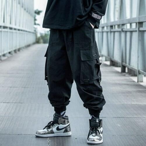 Streetwear Black Cargo Pants Mens Plus Size Hip Hop Side Pocket Casual Hot Sale Loose Black Sweatpant 2021 New Hot Sale