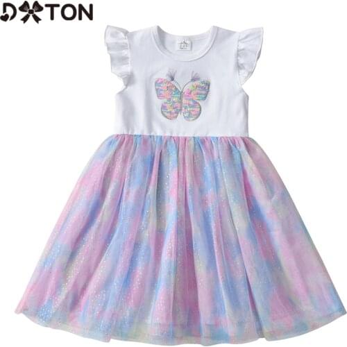 DXTON Children Girls Dresses Summer Flare Sleeve Princess Dress Sequin Butterfly Girl Costume Colorful Birthday Party Kids Dress
