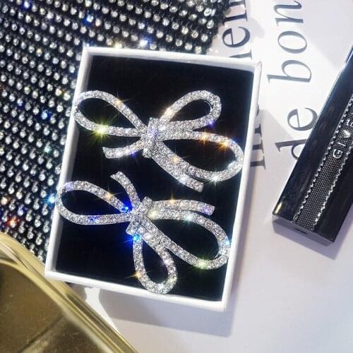 Exknl Fashion Stud Earrings for Women Wedding Party Bowknot Crystal Rhinestone Silver Color Big Earrings Women Jewelry 2020