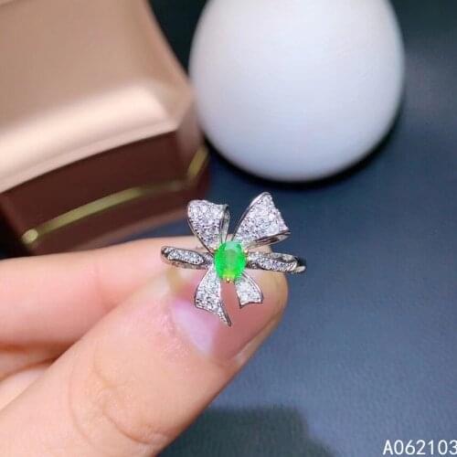 KJJEAXCMY fine jewelry 925 sterling silver inlaid natural emerald Womens fresh and elegant bow jewel adjustable ring support de