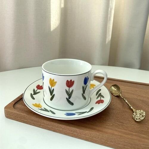 Korean Ceramic Coffee Cup with Coaster Retro Cute Small Fresh Afternoon Tea Cup Mug Flower Pattern Mat Milk House Set 200ml