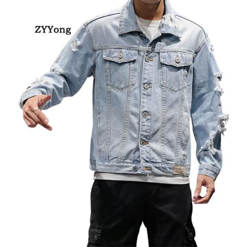 Autumn Gray Blue Hip Hop Bomber Pilot Tattered Ripped Denim Jacket Men Jean Coat Hole Motorcycle Streetwear Clothing Overcoat