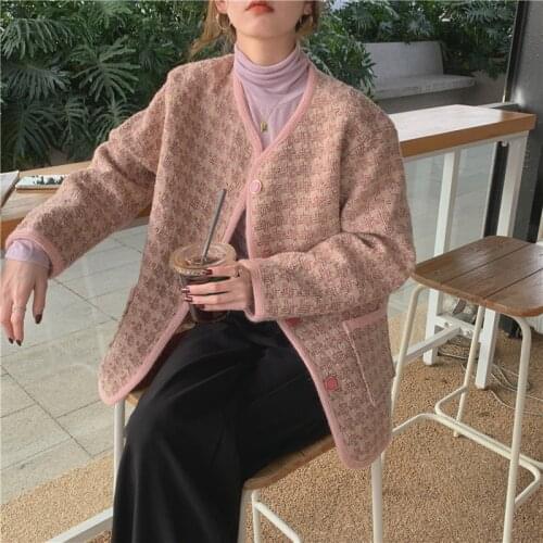 Women Winter Loose Coat Sweet O-Neck Plaid Pocket Thick Fashion Jackets Pink Black Casual Vintage Autumn Long Sleeve Top Female