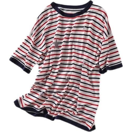Wear light and good temperament in summer, heavy industry star jacquard + striped lyocell knitted T-shirt
