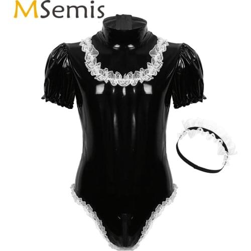 Mens Adult Sissy French Maid Bodysuit Uniform Wetlook Leather Doll Open Crotch Latex Catsuit+Lace Headband Cosplay Sexy Costume