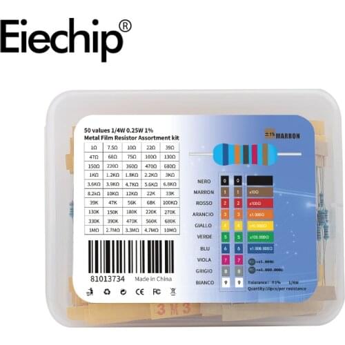 500pcs/lot 50 values 1/4W 0.25W 1% Metal Film Resistor Assortment Kit Set 1ohm-10Mohm resistance 1K 2.2K 5.6K 10K 22K 39K 100K