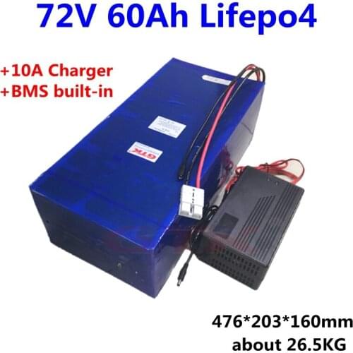 GTK rechargeable 72V 60Ah lifepo4 lithium battery for 5000w 72V electric motorcycle scooter solar syste EV golf cart+10A charger