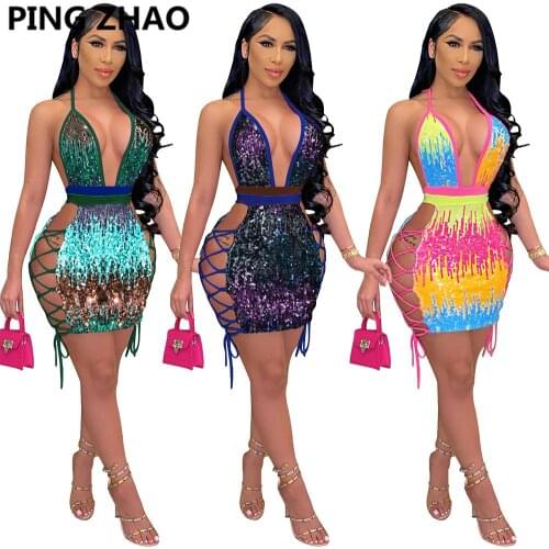 PING ZHAO New Fashion Womens Wear Sexy Dresses With Backless Sequins And Contrasting Colours Club Dress