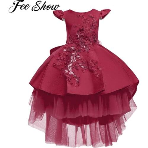 Kids Embroidery Dress Fly Sleeves High Low Pleated Birthday Dress Wedding Party First Communion Dress for Girl Children Clothing