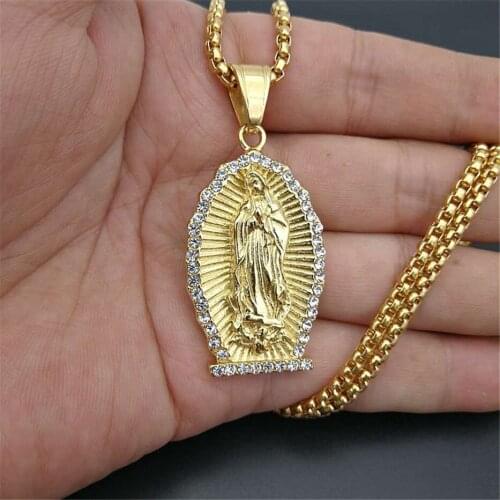 Dropshipping Iced Out Bling Virgin Mary Gold Necklaces Pendants For Women Gold Color Stainless Steel Religious Christian Jewelry