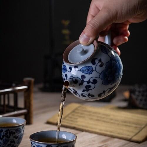 Retro blue and white porcelain teapot household small size kettle Japanese Kung Fu set ceramic single tea ceremony pot teaware