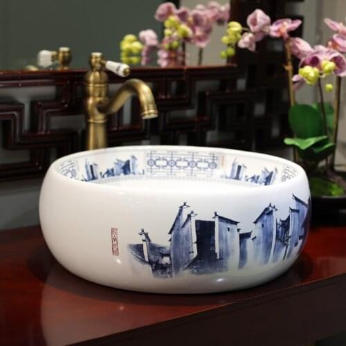 Luxury bathroom vanities chinese Art Counter Top ceramic hand wash basin cabinet bathroom sinks blue and white