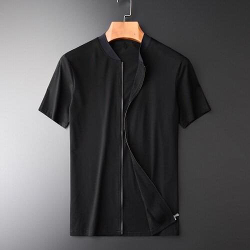 Stand Collar Plus Size 4xl Luxury Cotton And Spandex Zipper Man T-shirts Fashion Summer Slim Fit Mens Tee